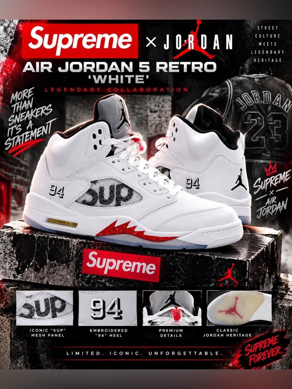 Supreme x Air Jordan 5 Retro 'White' sneakers!🔥New! Size: 12us